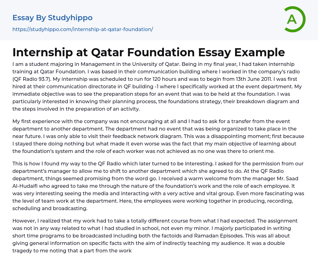 Internship at Qatar Foundation Essay Example