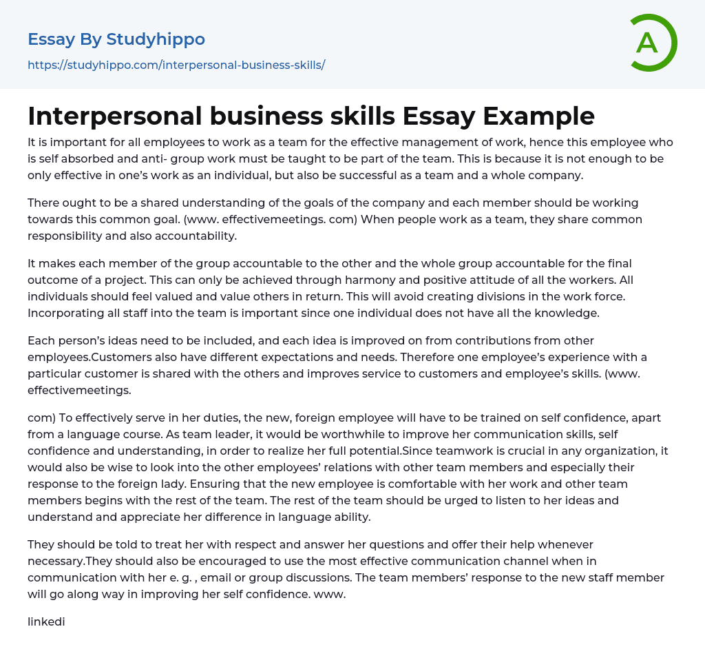 Interpersonal business skills Essay Example