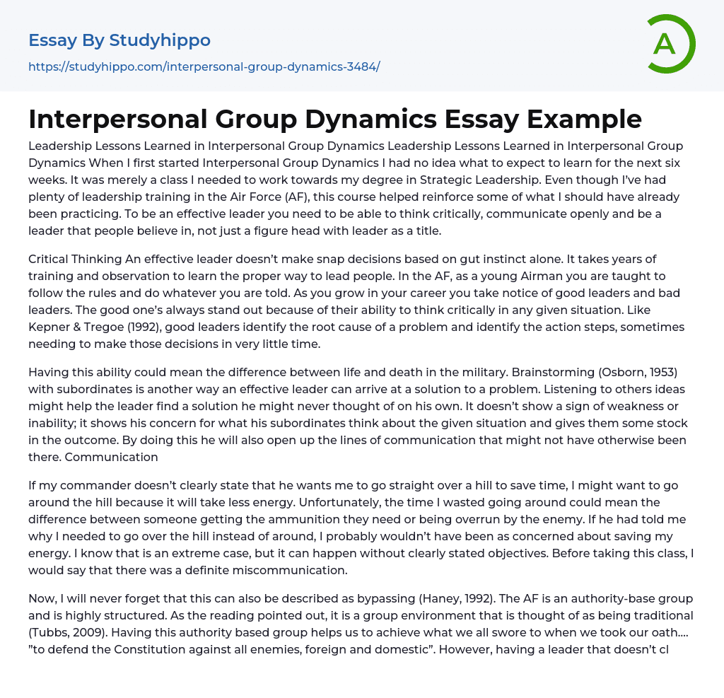 Interpersonal Group Dynamics Essay Example