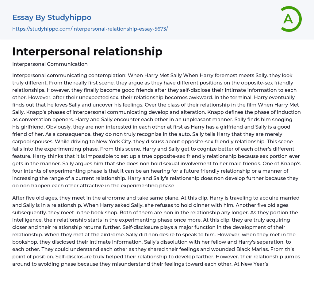 Interpersonal relationship Essay Example