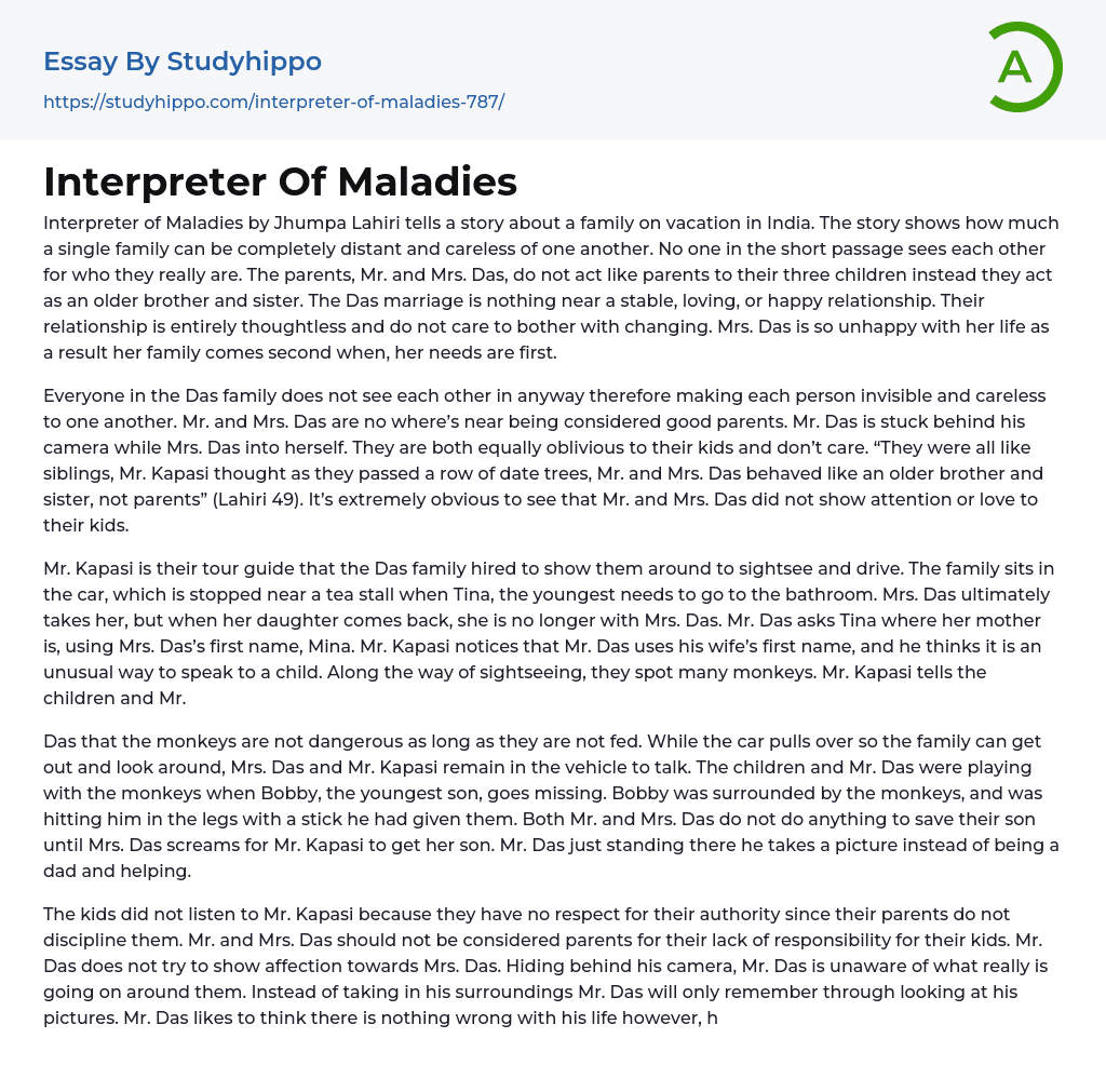 Interpreter Of Maladies Essay Example