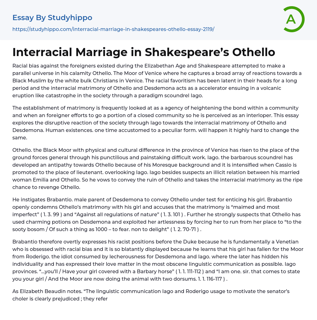 Interracial Marriage in Shakespeare’s Othello Essay Example