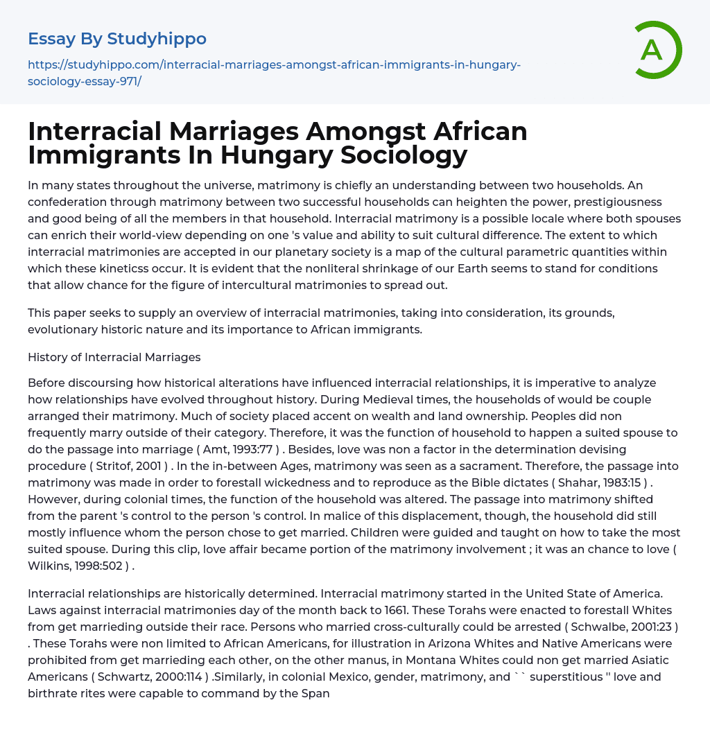 Interracial Marriages Amongst African Immigrants In Hungary Sociology Essay Example