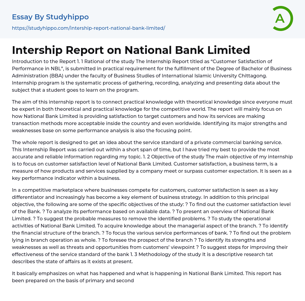 Intership Report on National Bank Limited Essay Example