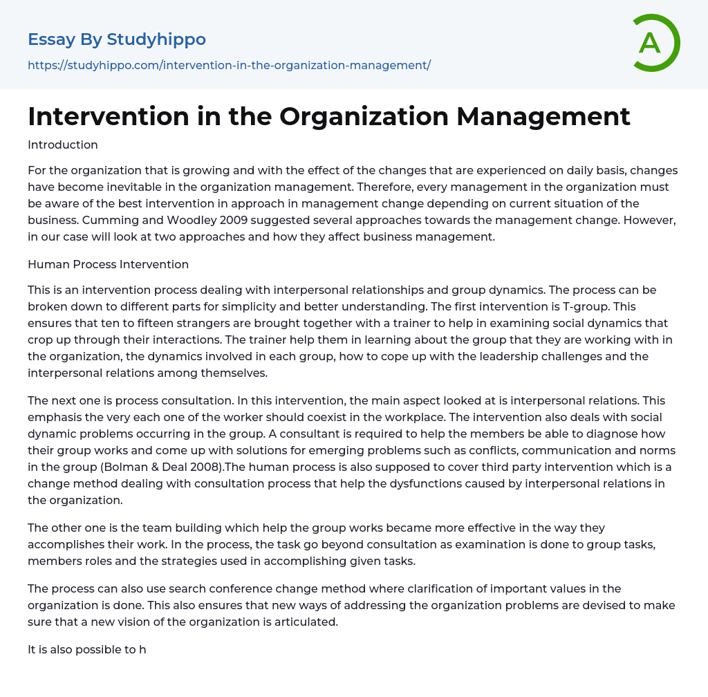 Intervention in the Organization Management Essay Example
