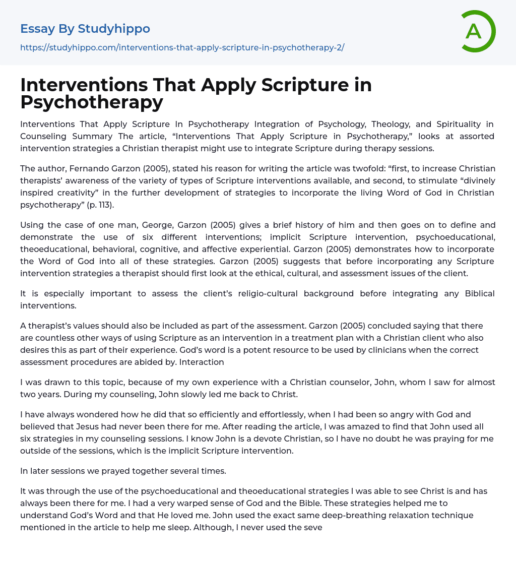 Interventions That Apply Scripture in Psychotherapy Essay Example