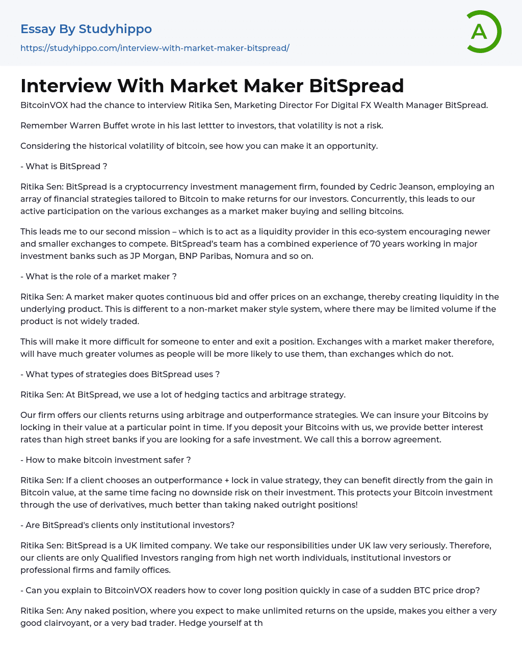 Interview With Market Maker BitSpread Essay Example