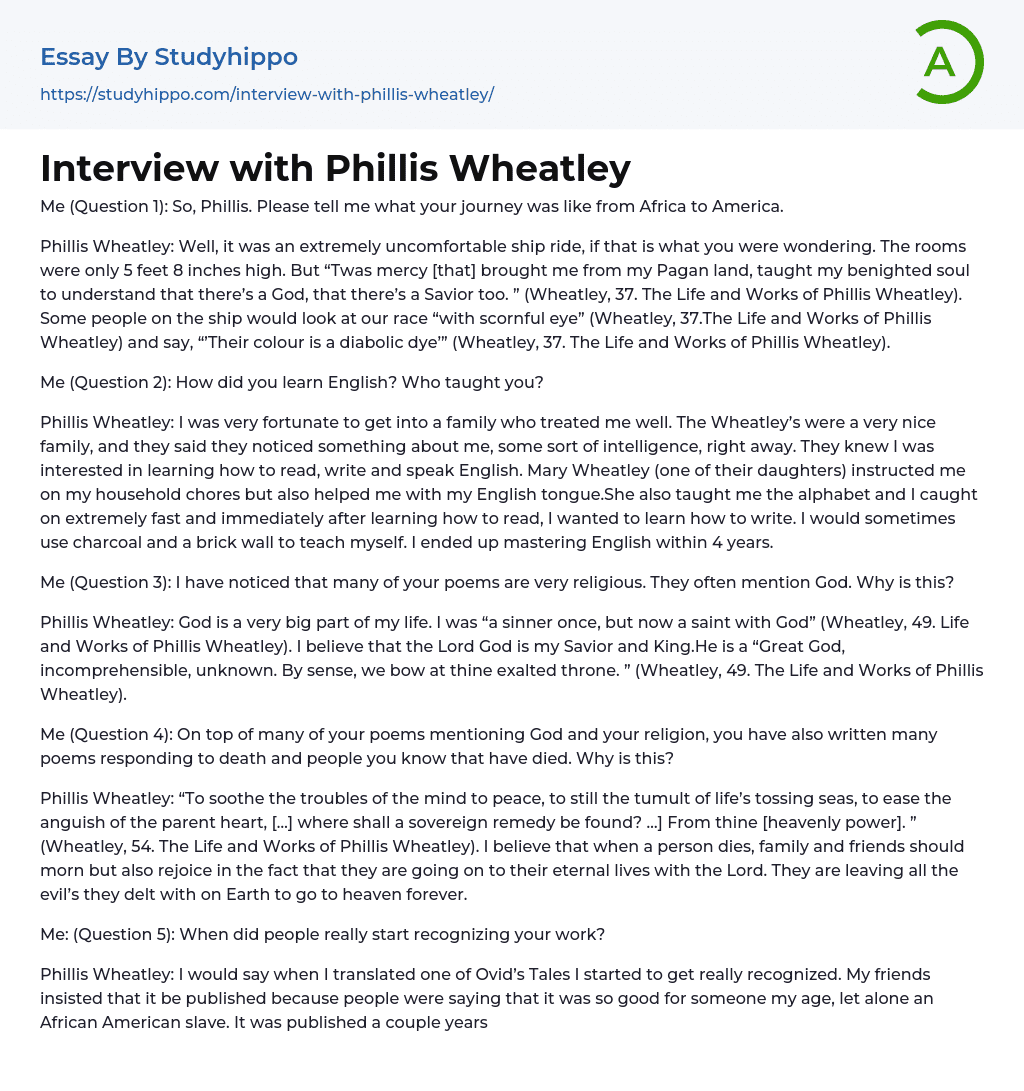 Interview with Phillis Wheatley Essay Example