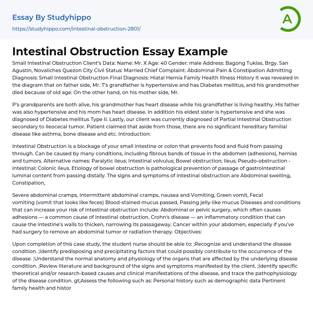 Intestinal Obstruction Essay Example