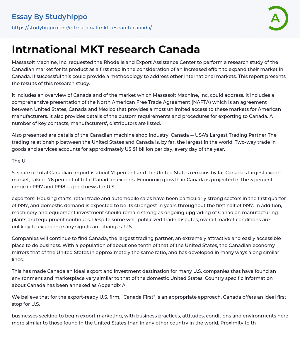 Intrnational MKT research Canada Essay Example