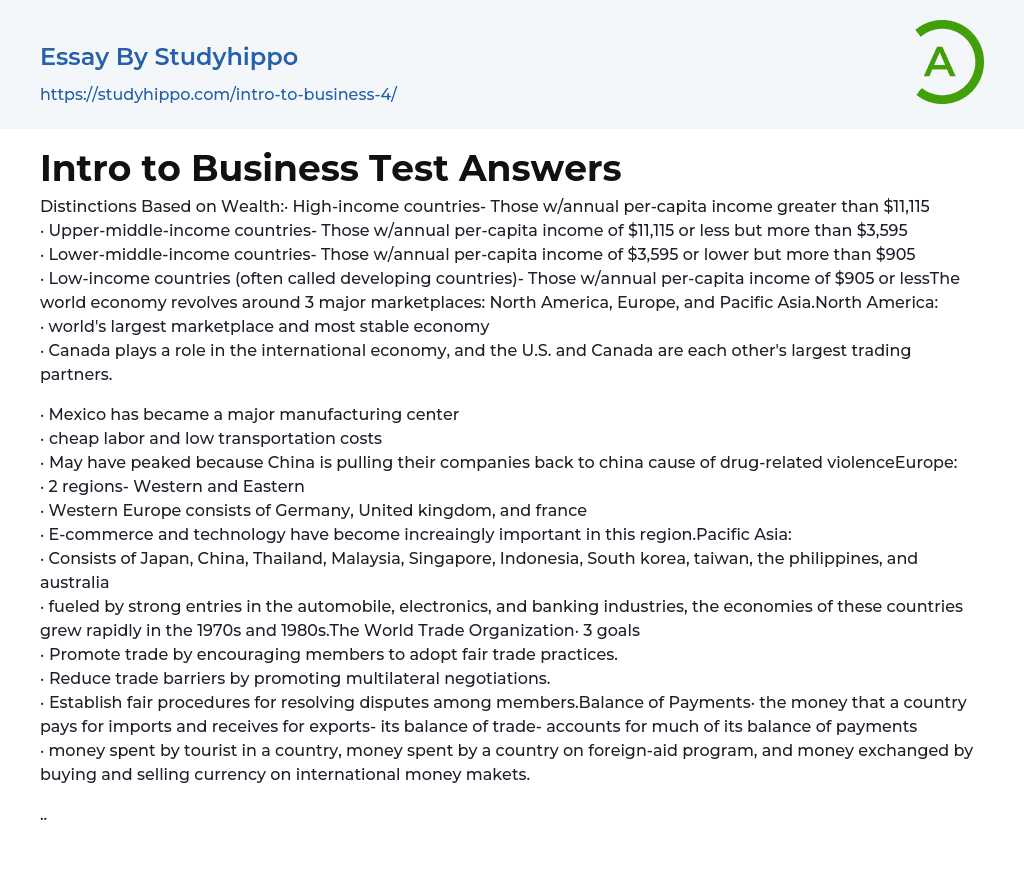 Intro to Business Test Answers Essay Example