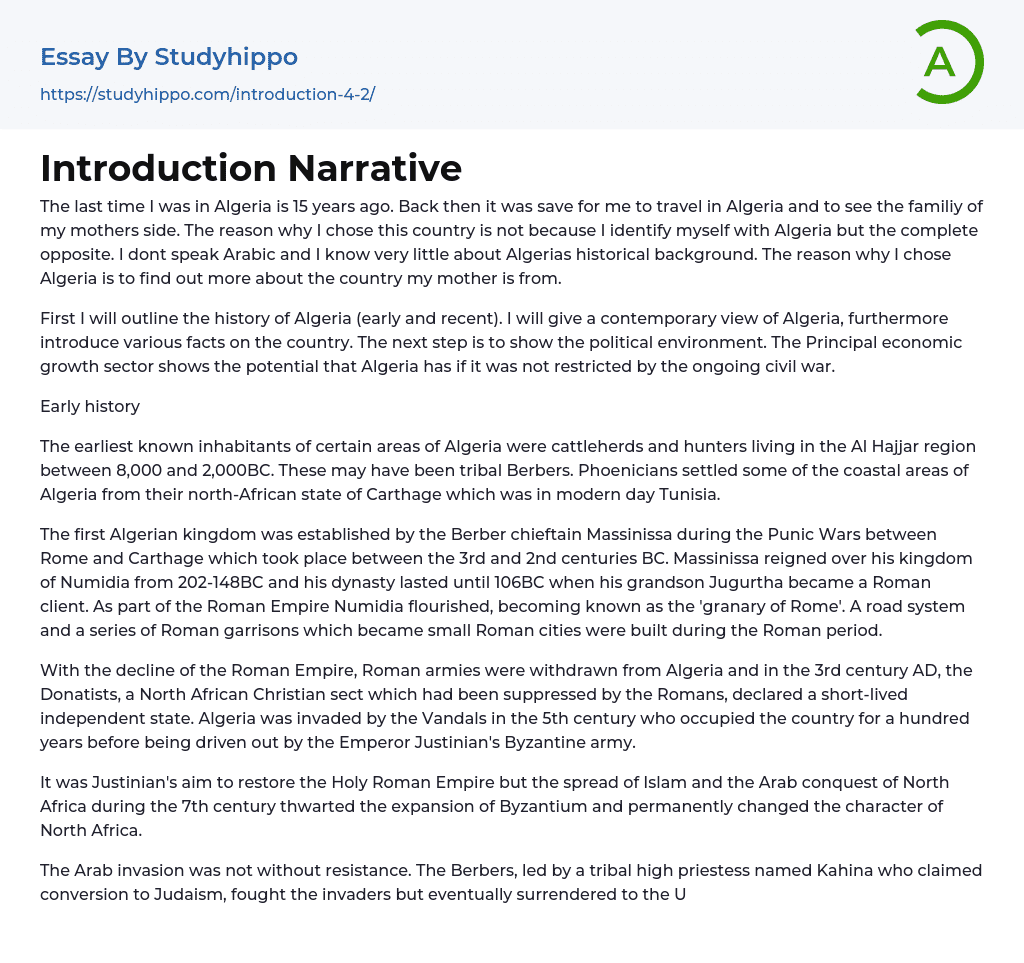 Introduction Narrative Essay Example