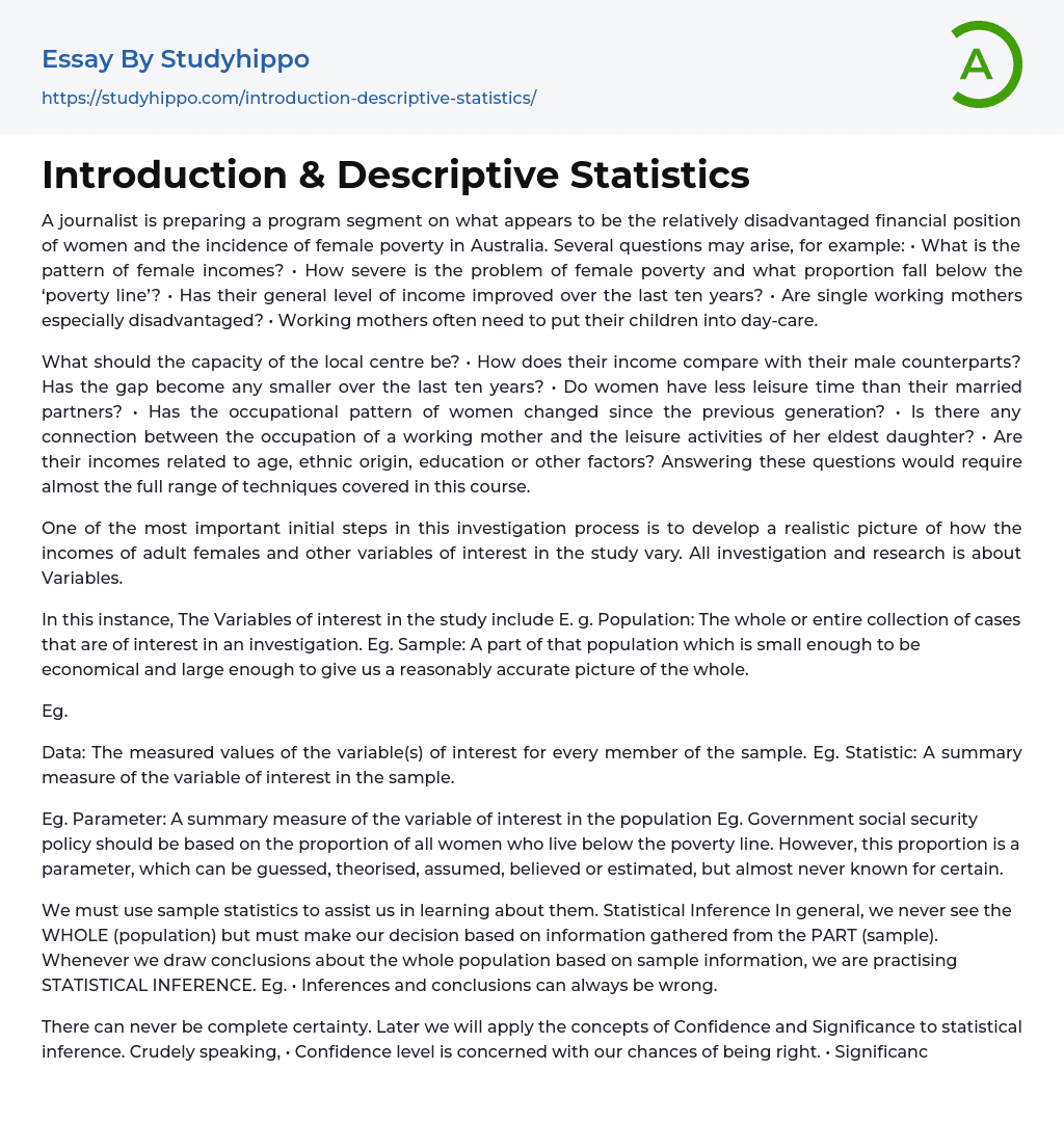 Introduction & Descriptive Statistics Essay Example