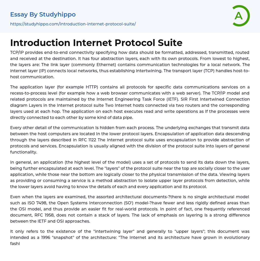 Introduction Internet Protocol Suite Essay Example