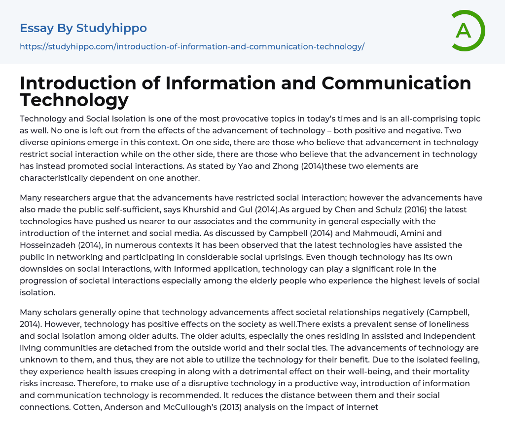 Introduction of Information and Communication Technology Essay Example