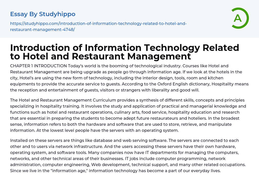 Introduction of Information Technology Related to Hotel and Restaurant Management Essay Example