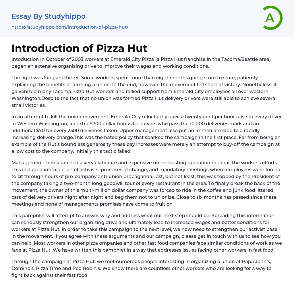 Introduction of Pizza Hut Essay Example