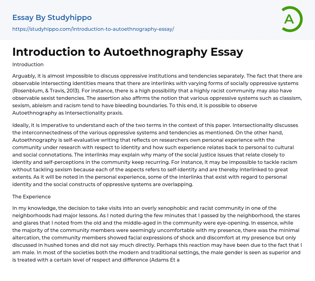 Introduction to Autoethnography Essay