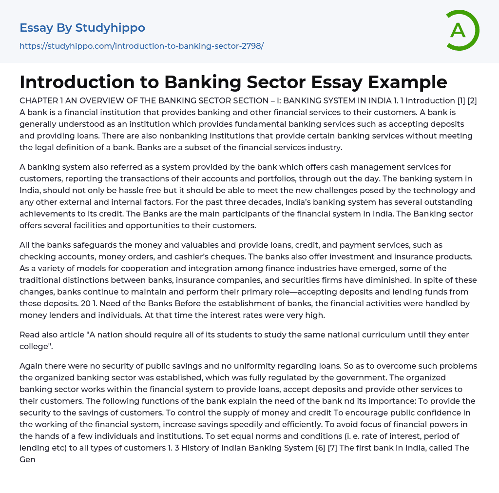 Introduction to Banking Sector In India Essay Example
