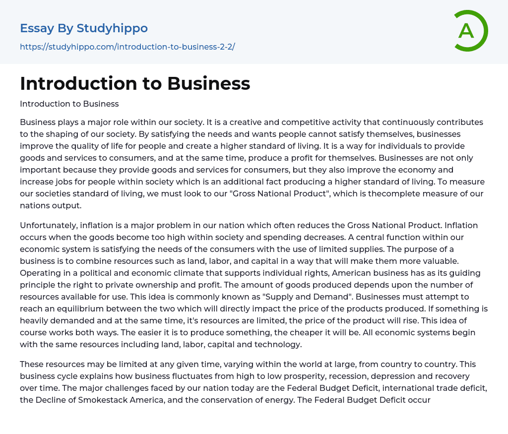 Introduction to Business Essay Example