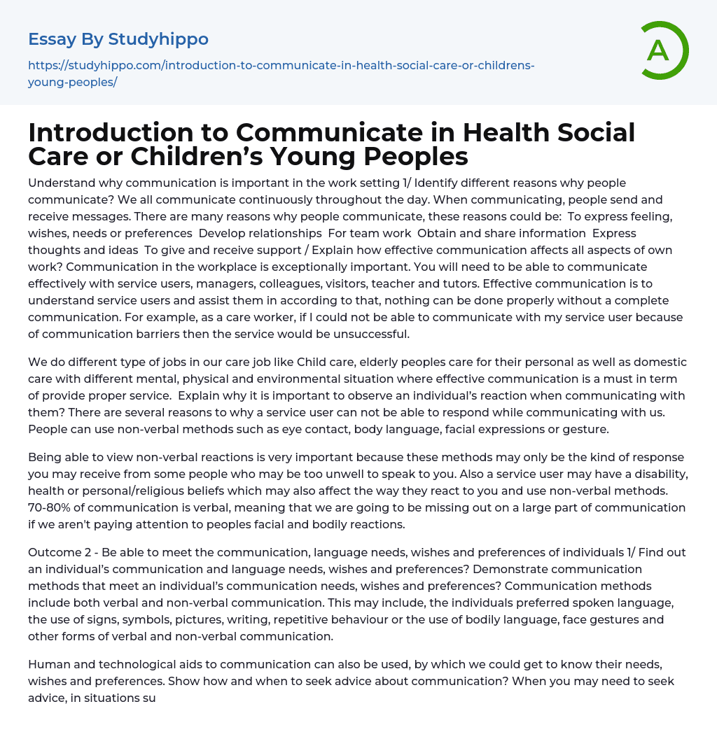 Introduction to Communicate in Health Social Care or Children’s Young Peoples Essay Example