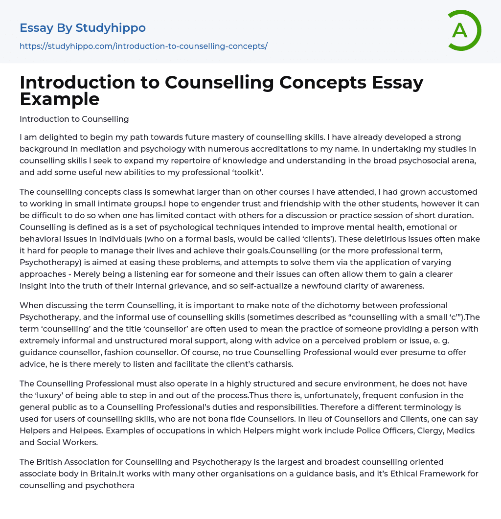 Introduction to Counselling Concepts Essay Example