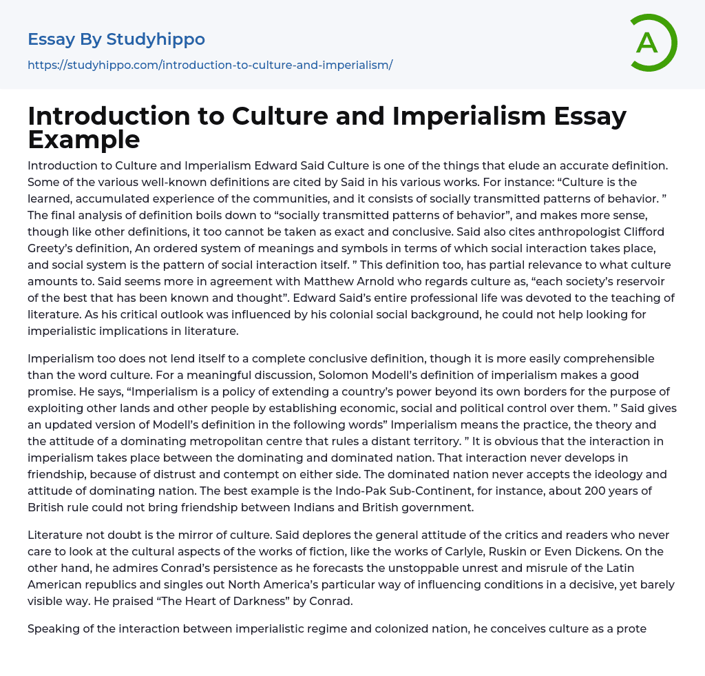 Introduction to Culture and Imperialism Essay Example