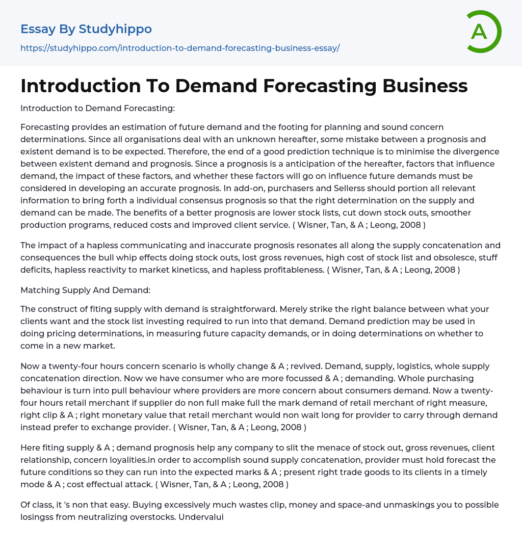Introduction To Demand Forecasting Business Essay Example