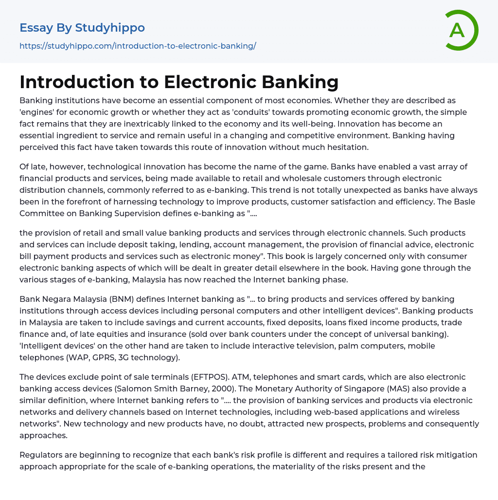 Introduction to Electronic Banking Essay Example