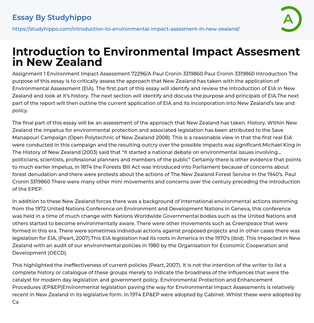 Introduction to Environmental Impact Assesment in New Zealand Essay Example
