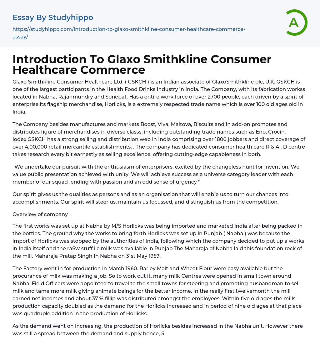 Introduction To Glaxo Smithkline Consumer Healthcare Commerce Essay Example