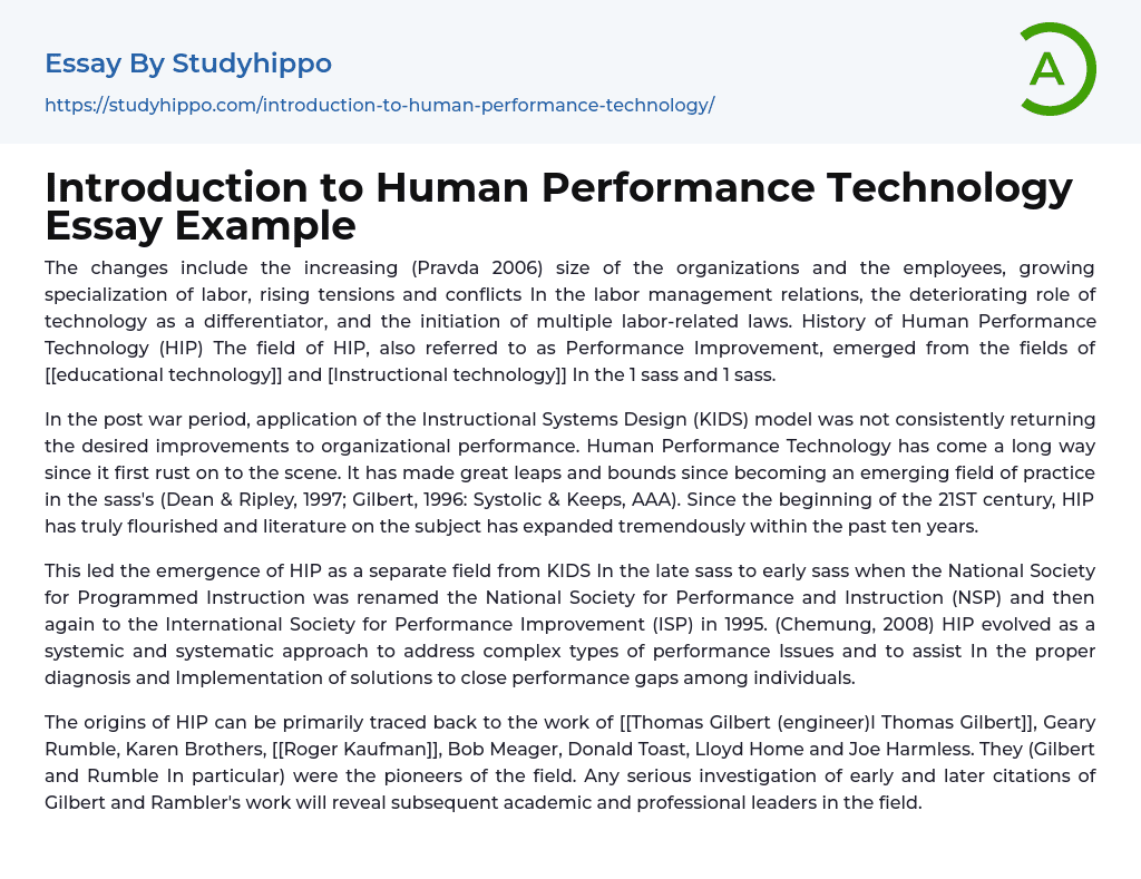 Introduction to Human Performance Technology Essay Example