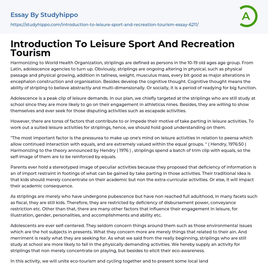 Introduction To Leisure Sport And Recreation Tourism Essay Example
