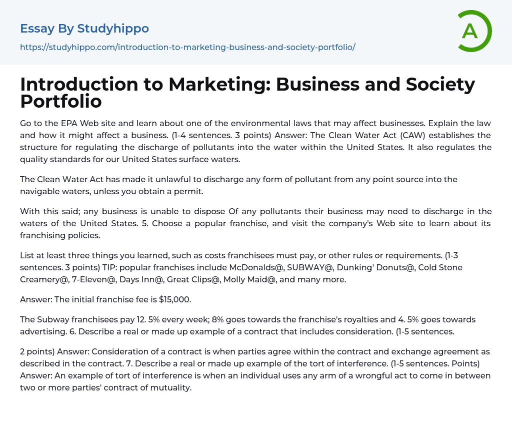 Introduction to Marketing: Business and Society Portfolio Essay Example