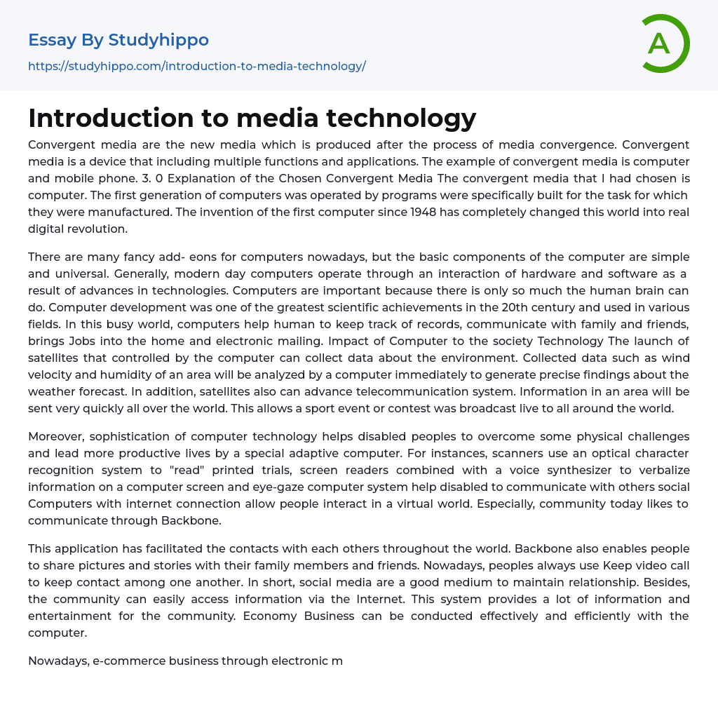 Introduction to media technology Essay Example