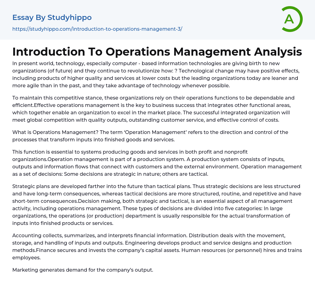 Introduction To Operations Management Analysis Essay Example