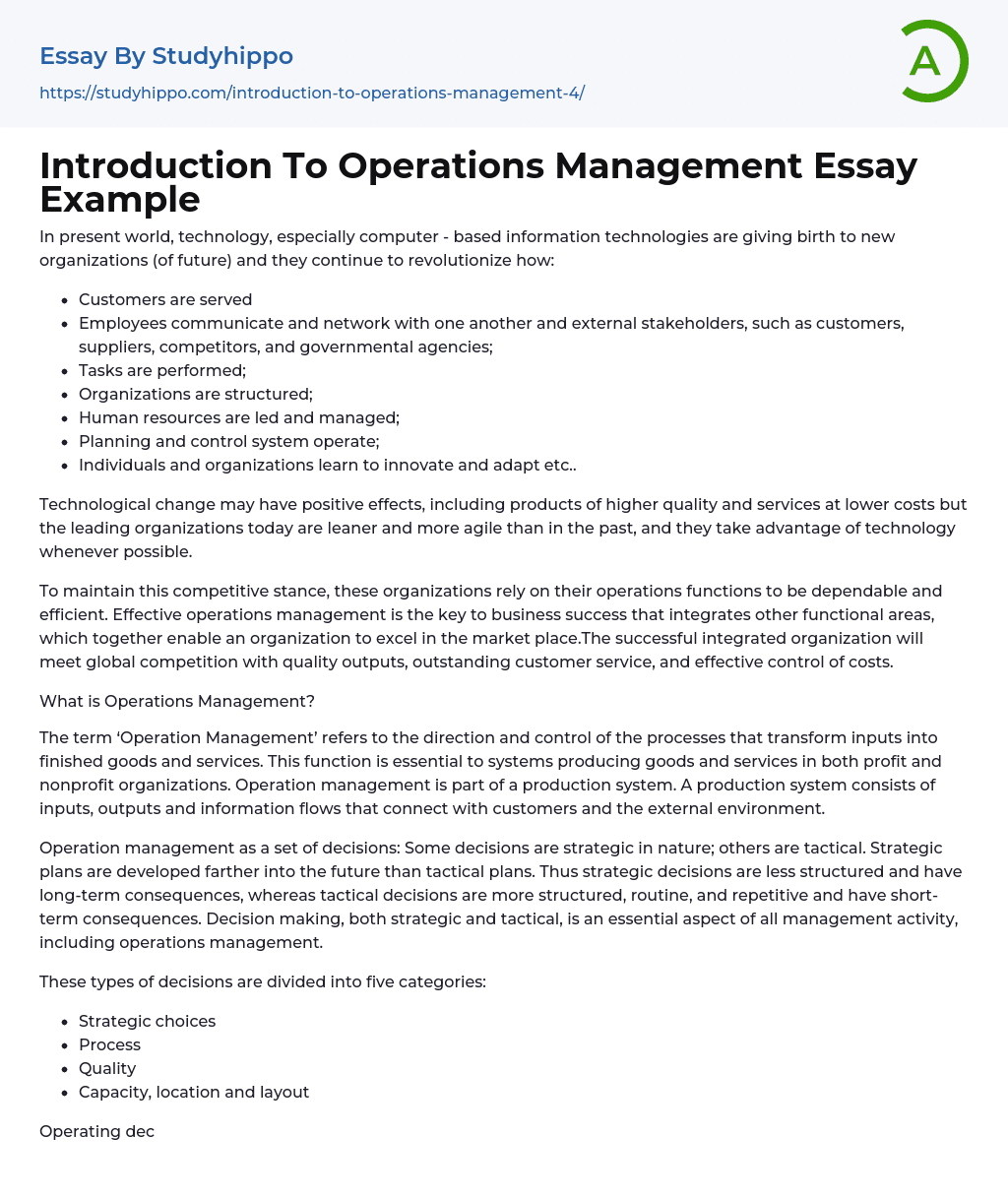 Introduction To Operations Management Essay Example