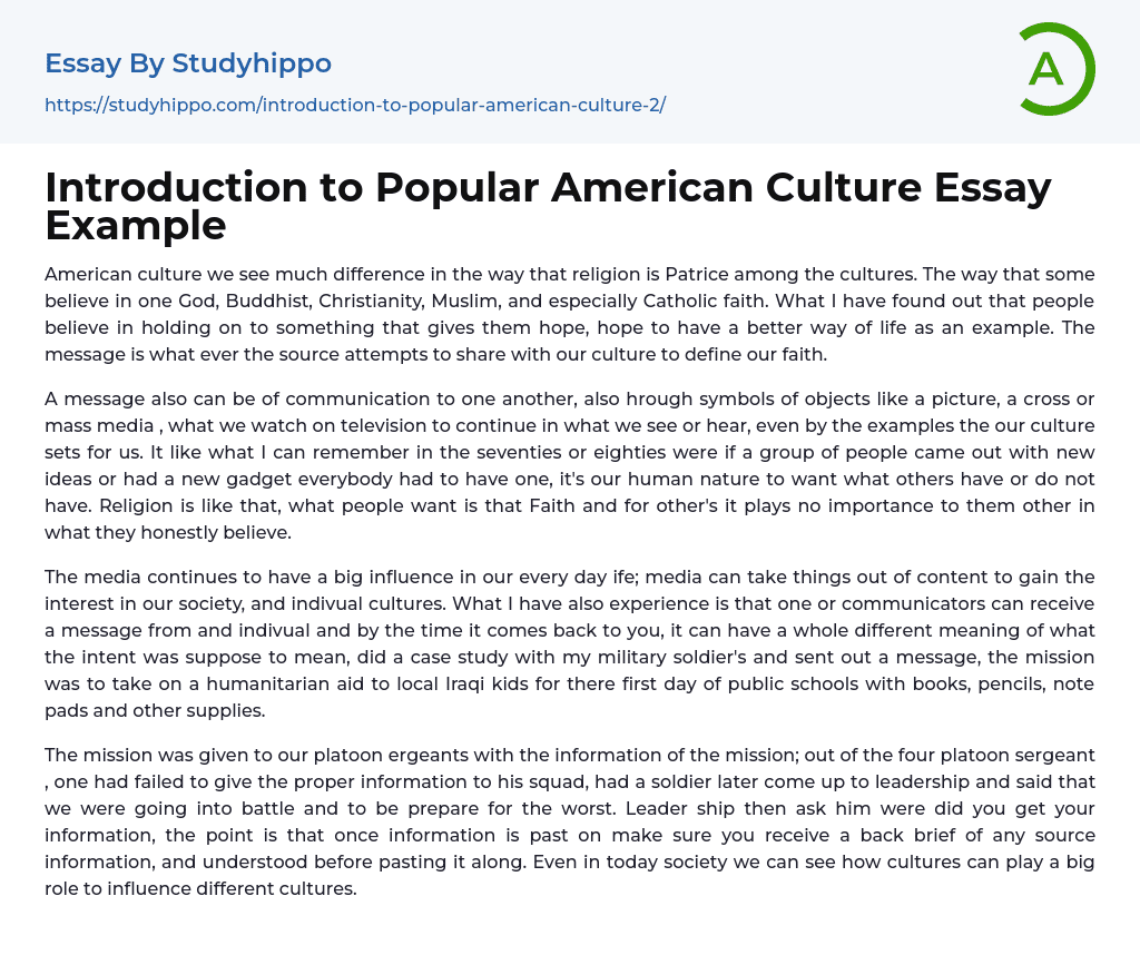 Introduction to Popular American Culture Essay Example