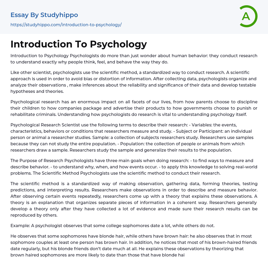 Introduction To Psychology Essay Example | StudyHippo.com