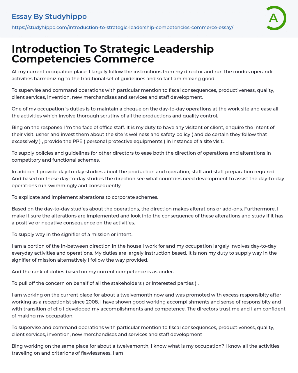 Introduction To Strategic Leadership Competencies Commerce Essay Example