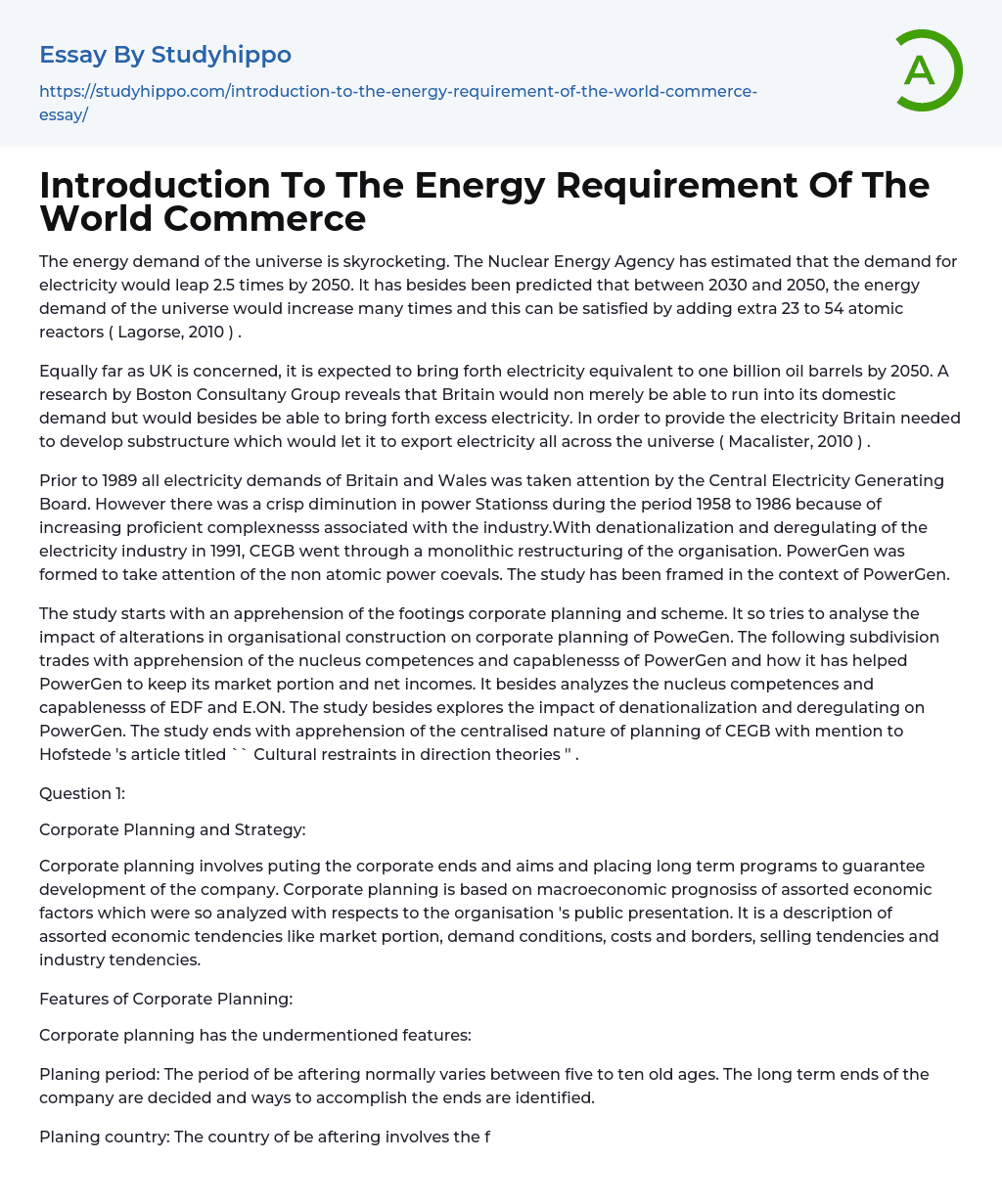 Introduction To The Energy Requirement Of The World Commerce Essay Example