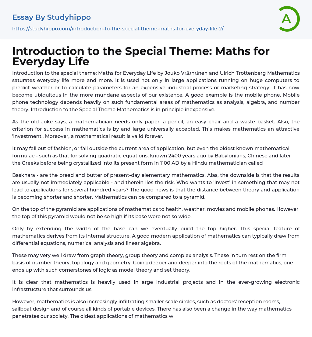 Introduction to the Special Theme: Maths for Everyday Life Essay Example