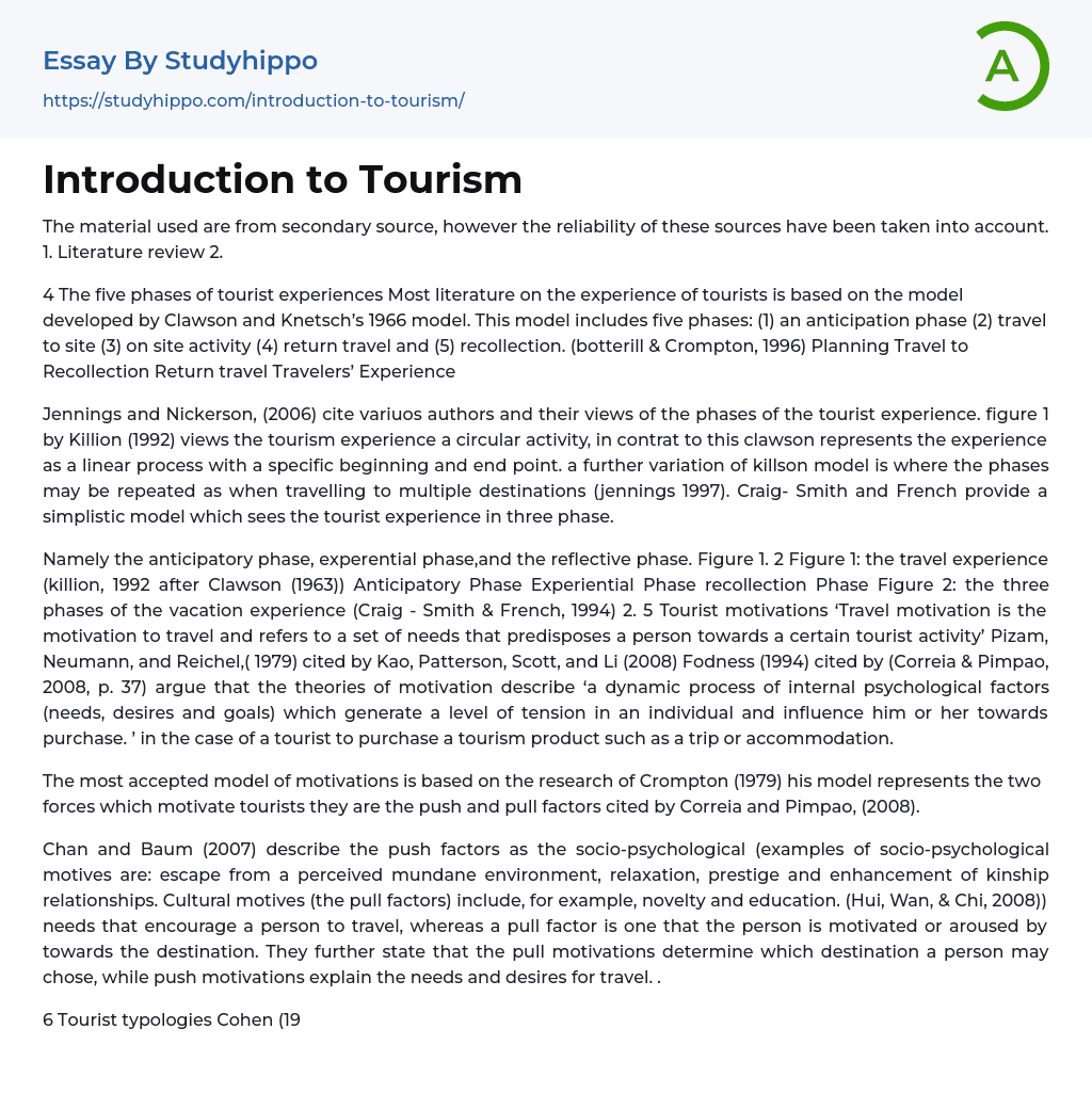 Introduction to Tourism Essay Example