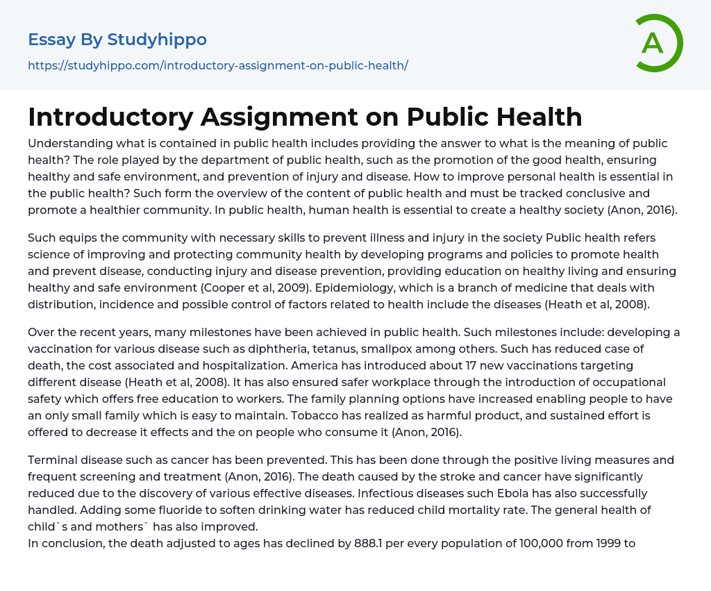 Introductory Assignment on Public Health Essay Example