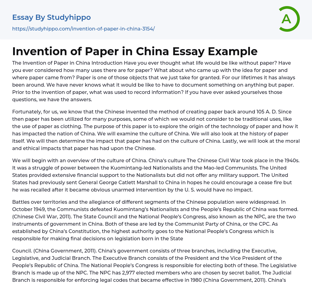 Invention of Paper in China Essay Example