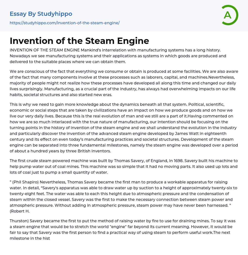 Invention of the Steam Engine Essay Example