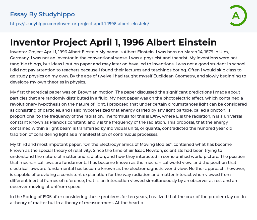 Inventor Project April 1, 1996 Albert Einstein Essay Example