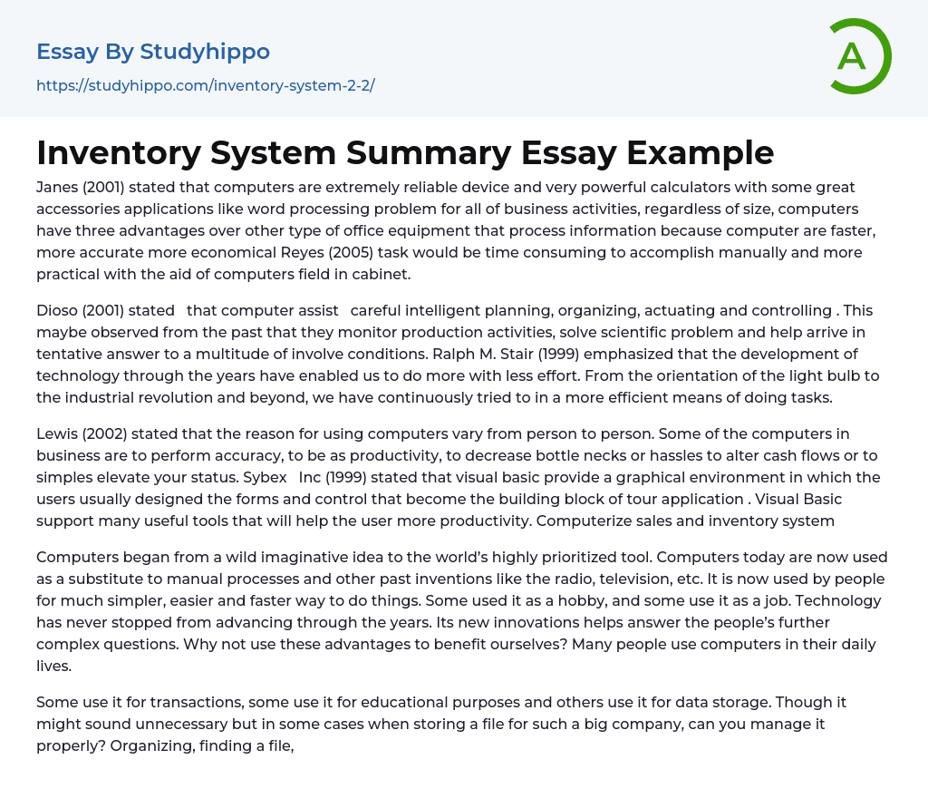 Inventory System Summary Essay Example
