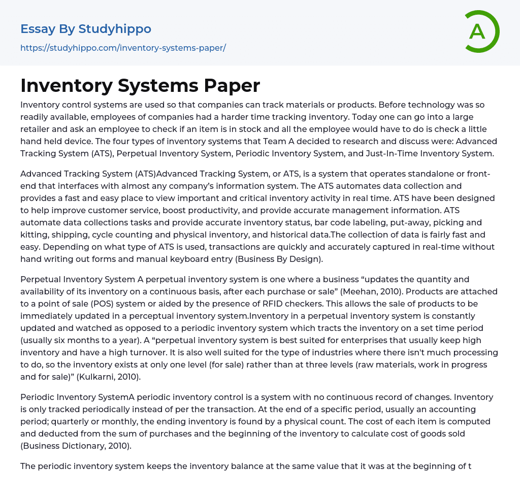 Inventory Systems Paper Essay Example