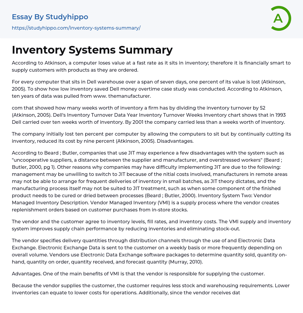 Inventory Systems Summary Essay Example
